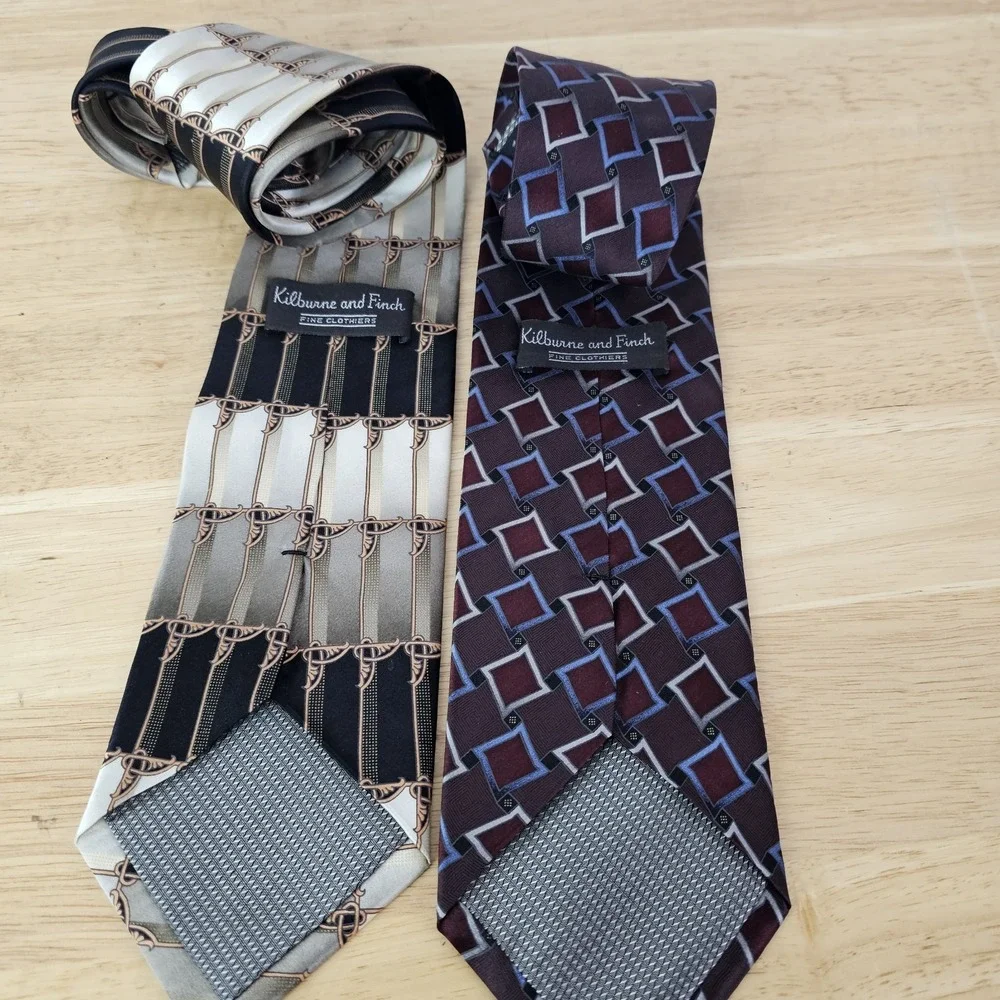 Kilburne‎ & Finch Mens Necktie Tie Lot 2 Gold Black Burgundy Blue Geometric Silk